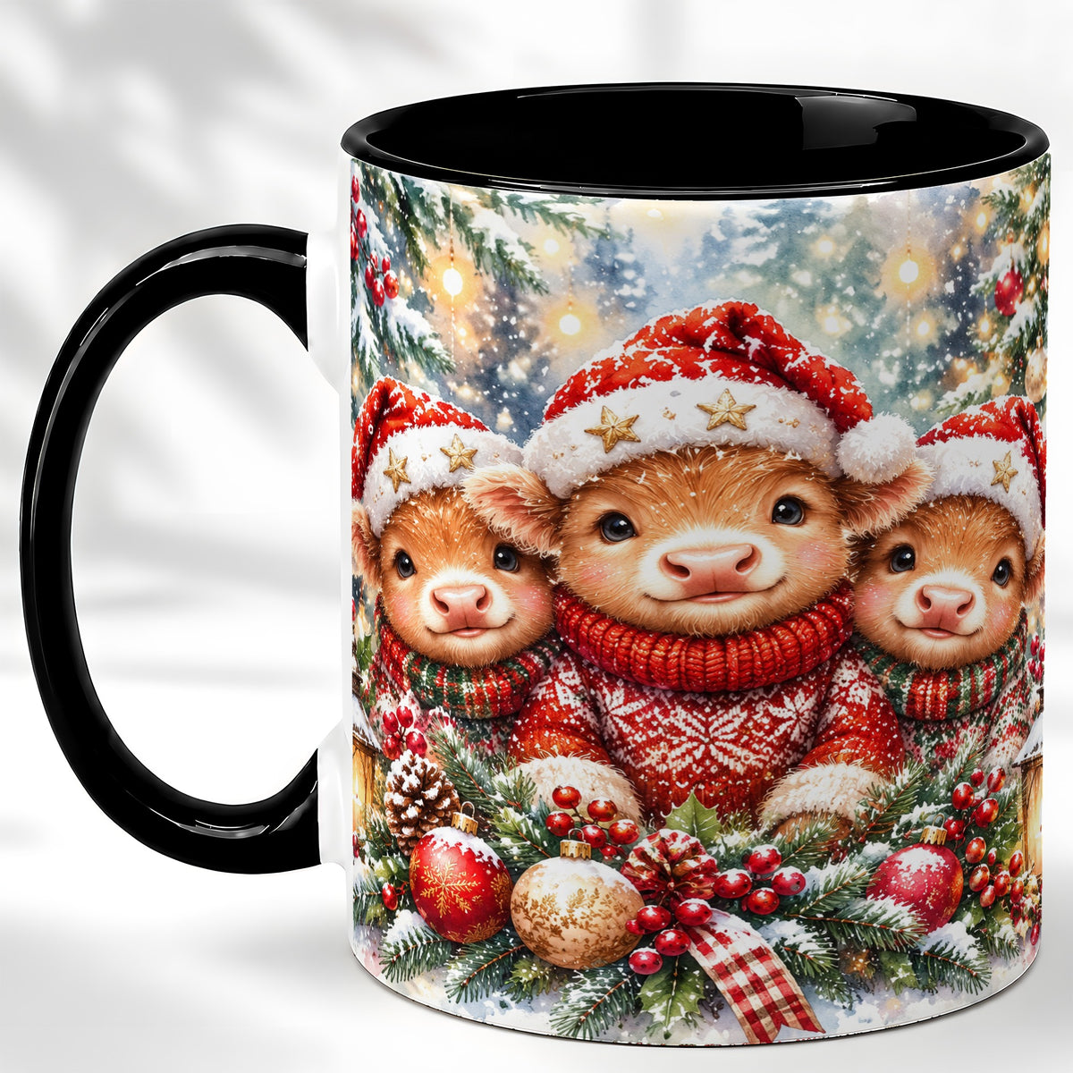 #pl[11oz|Black] Christmas Cow Trio Coffee Mug, Festive Calf Mug, Ceramic Cup