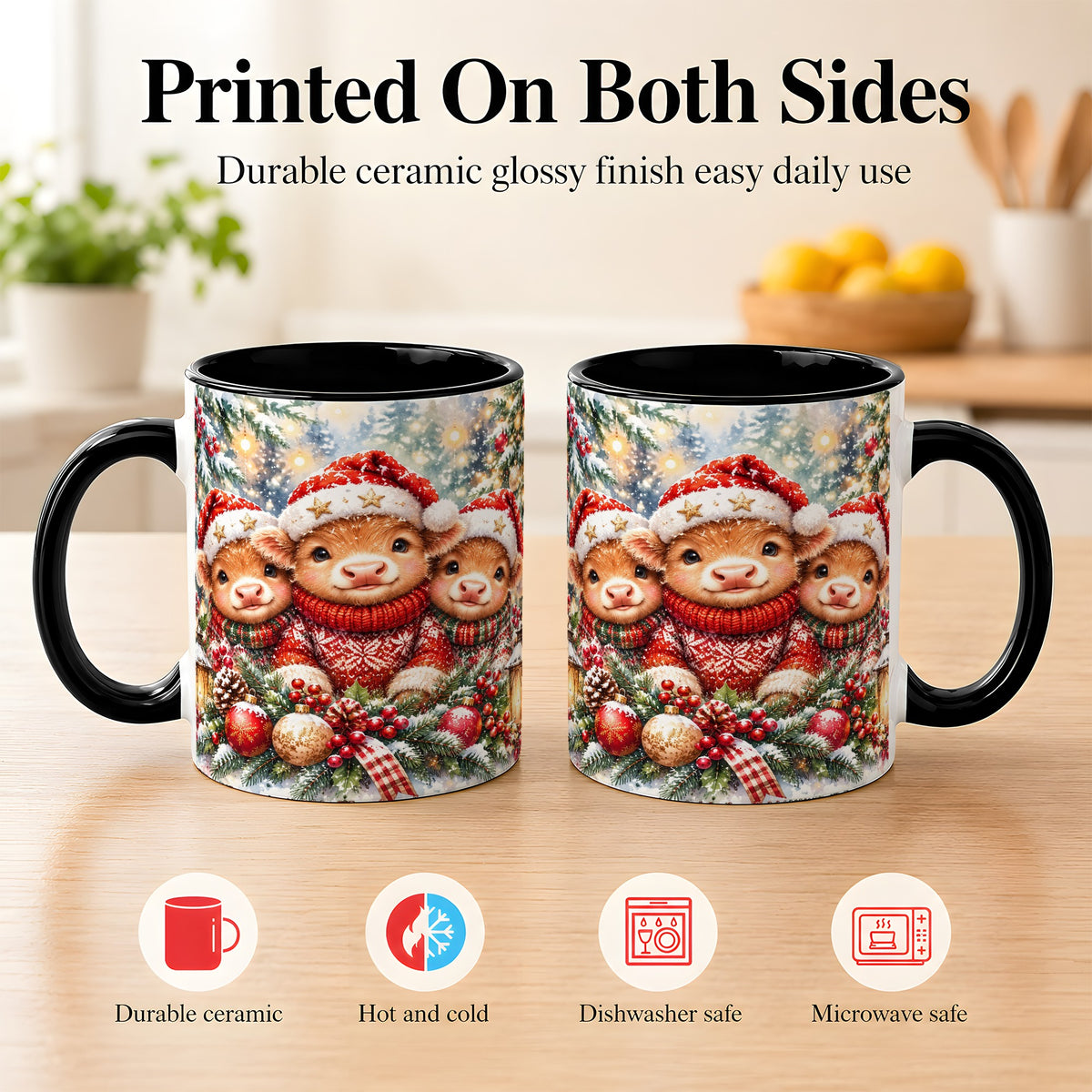 #pl[11oz|Black] Christmas Cow Trio Coffee Mug, Festive Calf Mug, Ceramic Cup