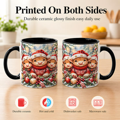 #pl[11oz|Black] Christmas Cow Trio Coffee Mug, Festive Calf Mug, Ceramic Cup