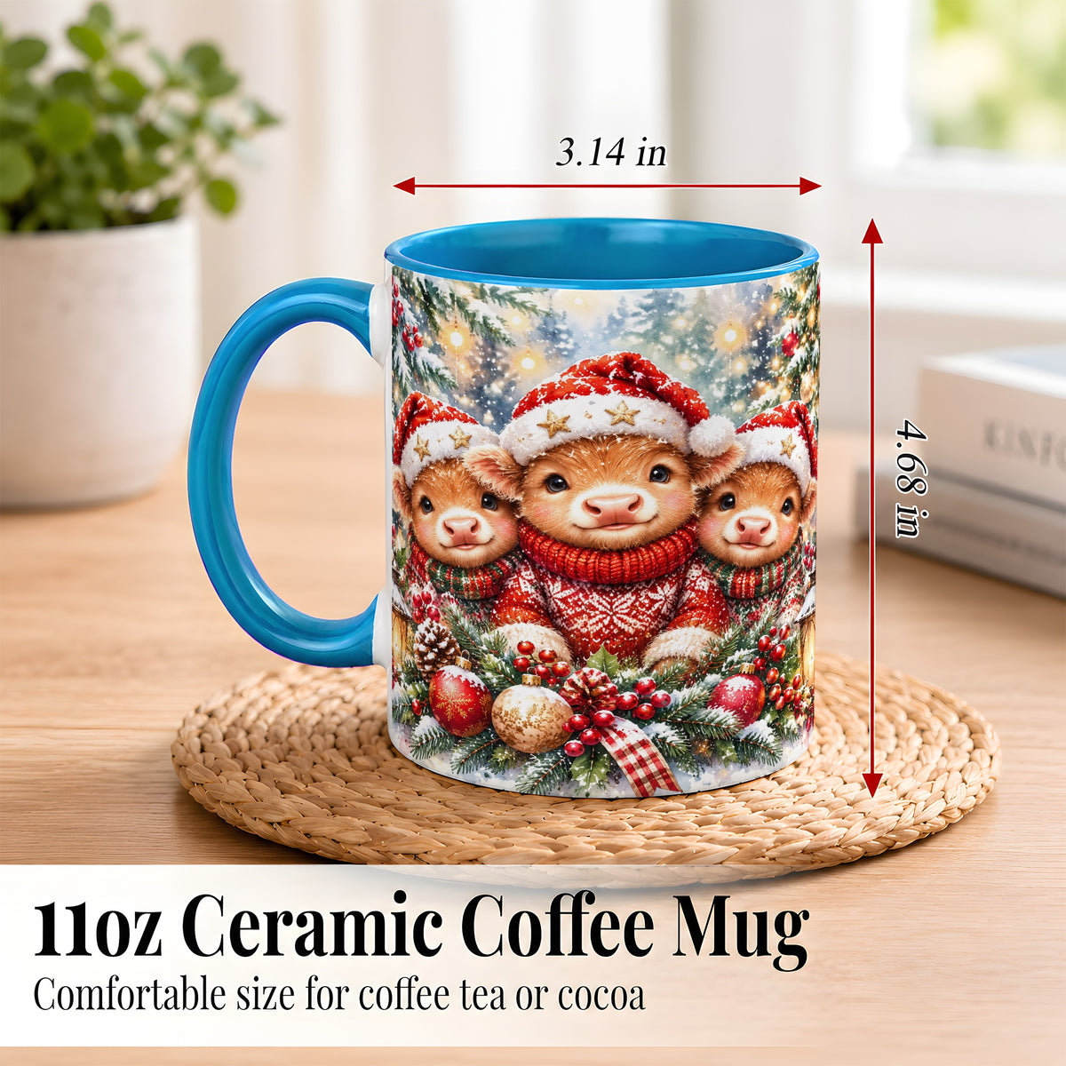 #pl[11oz|Blue] Christmas Cow Trio Coffee Mug, Festive Calf Mug, Ceramic Cup