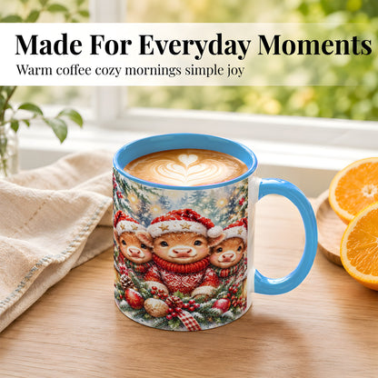 #pl[11oz|Blue] Christmas Cow Trio Coffee Mug, Festive Calf Mug, Ceramic Cup