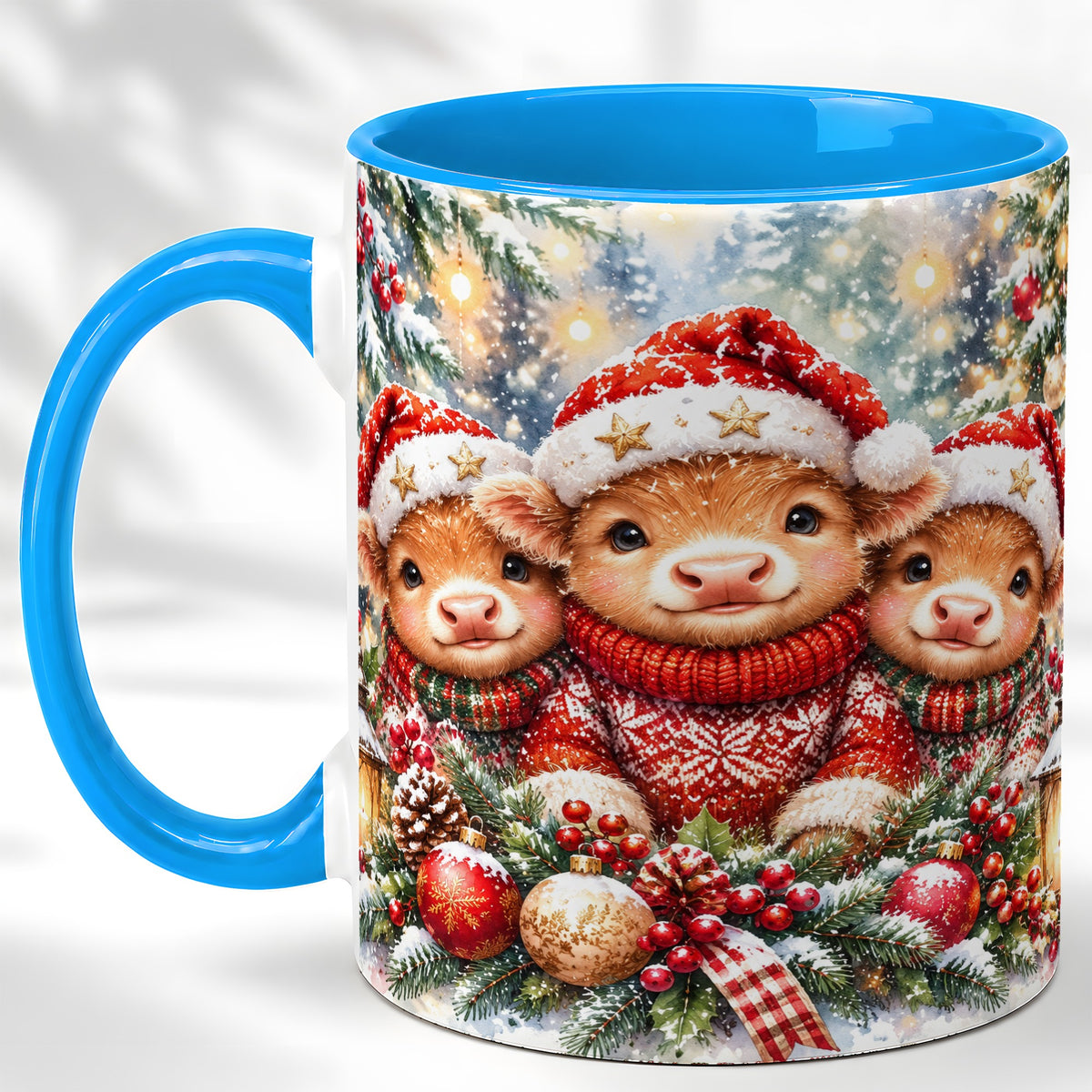 #pl[11oz|Blue] Christmas Cow Trio Coffee Mug, Festive Calf Mug, Ceramic Cup