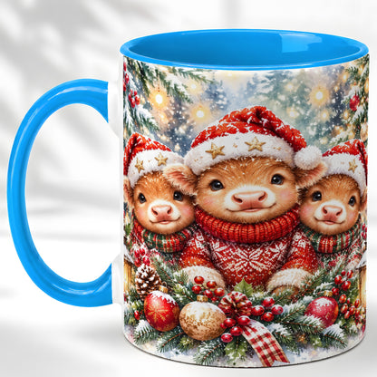 #pl[11oz|Blue] Christmas Cow Trio Coffee Mug, Festive Calf Mug, Ceramic Cup