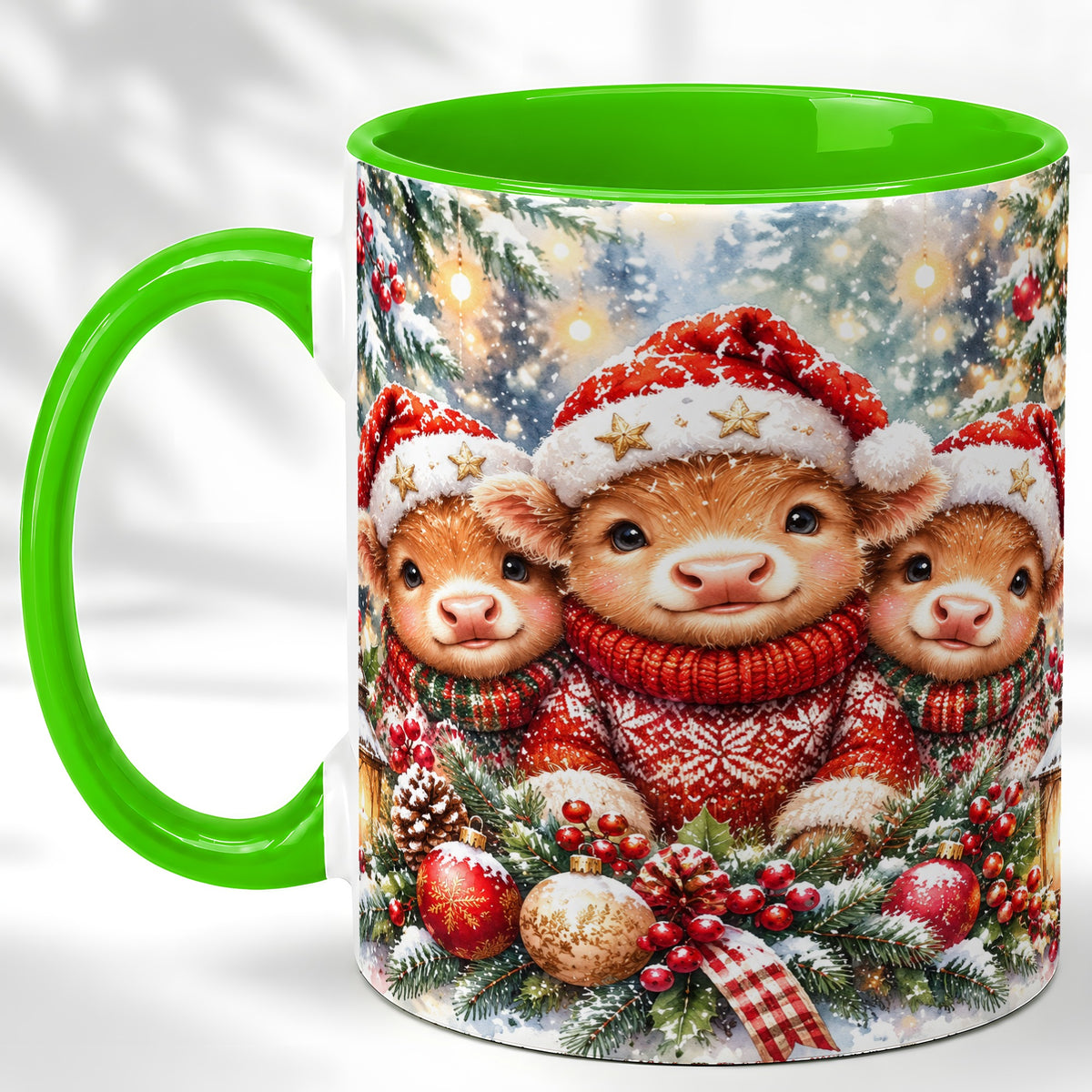 #pl[11oz|Green] Christmas Cow Trio Coffee Mug, Festive Calf Mug, Ceramic Cup