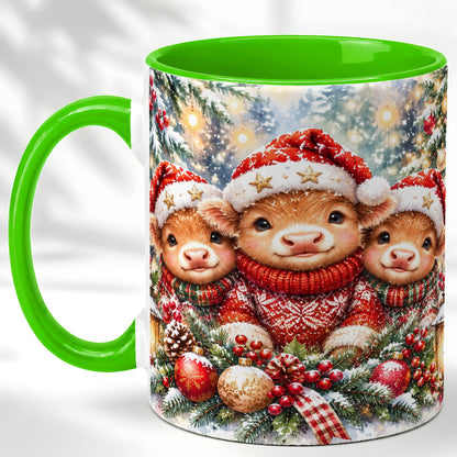 #pl[11oz|Green] Christmas Cow Trio Coffee Mug, Festive Calf Mug, Ceramic Cup