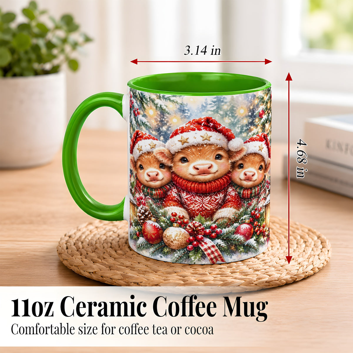 #pl[11oz|Green] Christmas Cow Trio Coffee Mug, Festive Calf Mug, Ceramic Cup