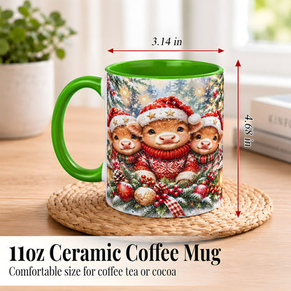 #pl[11oz|Green] Christmas Cow Trio Coffee Mug, Festive Calf Mug, Ceramic Cup