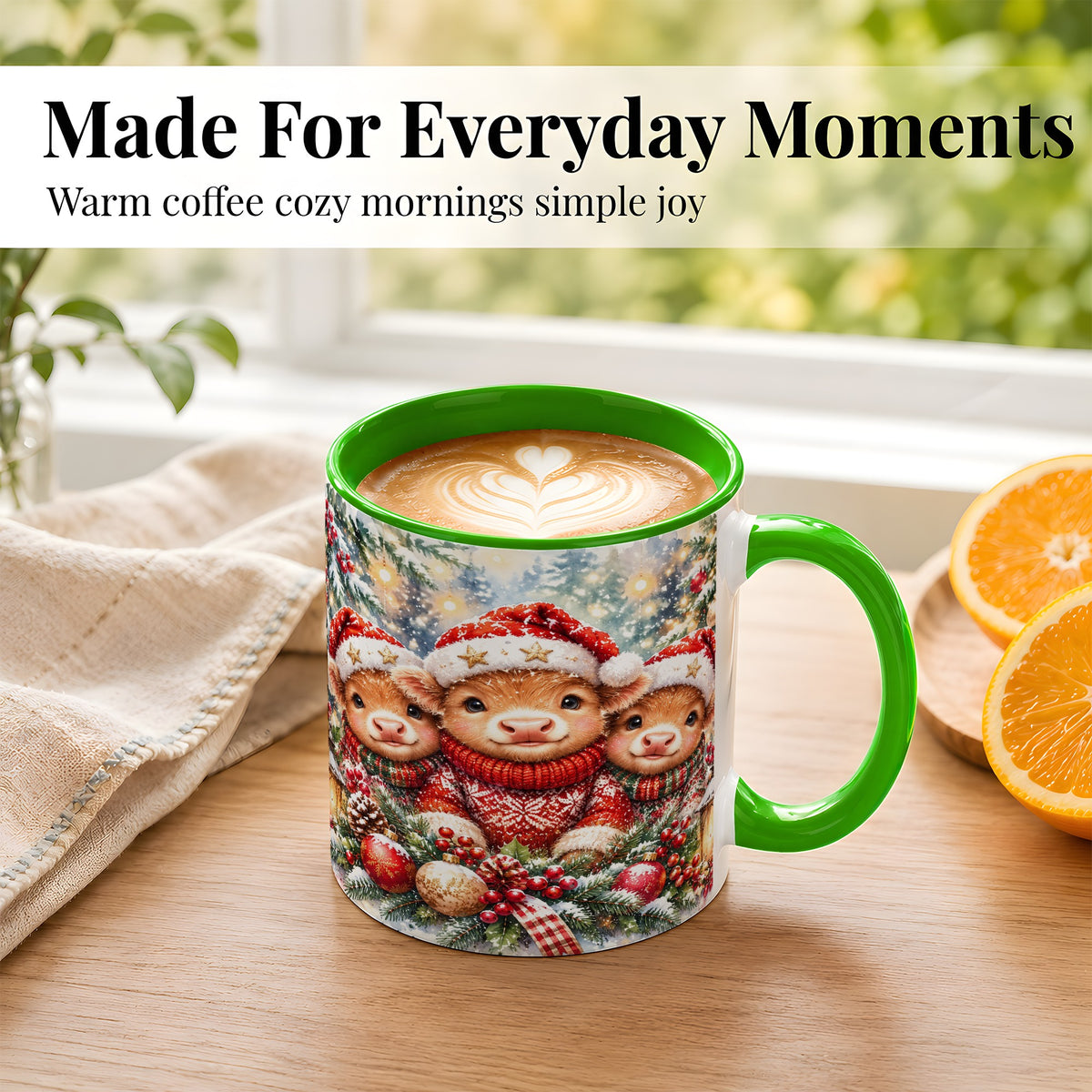 #pl[11oz|Green] Christmas Cow Trio Coffee Mug, Festive Calf Mug, Ceramic Cup