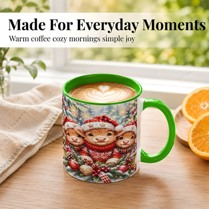 #pl[11oz|Green] Christmas Cow Trio Coffee Mug, Festive Calf Mug, Ceramic Cup