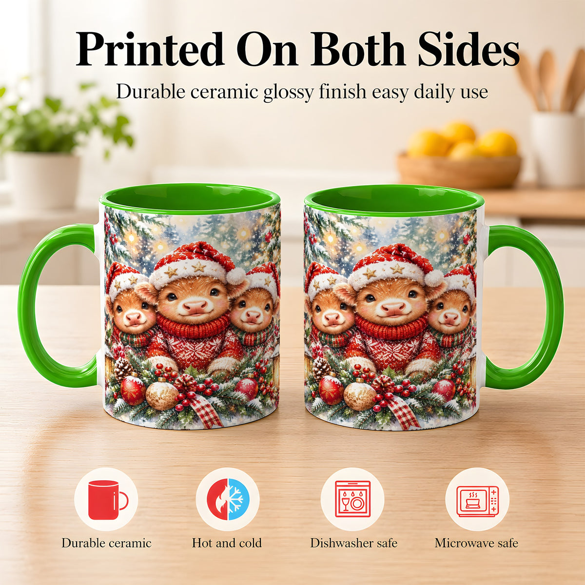#pl[11oz|Green] Christmas Cow Trio Coffee Mug, Festive Calf Mug, Ceramic Cup