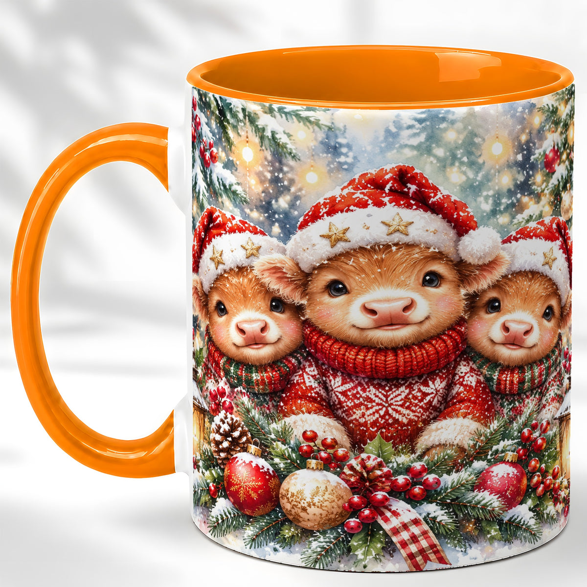 #pl[11oz|Orange] Christmas Cow Trio Coffee Mug, Festive Calf Mug, Ceramic Cup