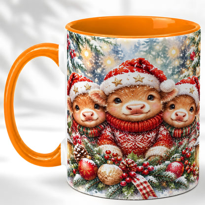 #pl[11oz|Orange] Christmas Cow Trio Coffee Mug, Festive Calf Mug, Ceramic Cup
