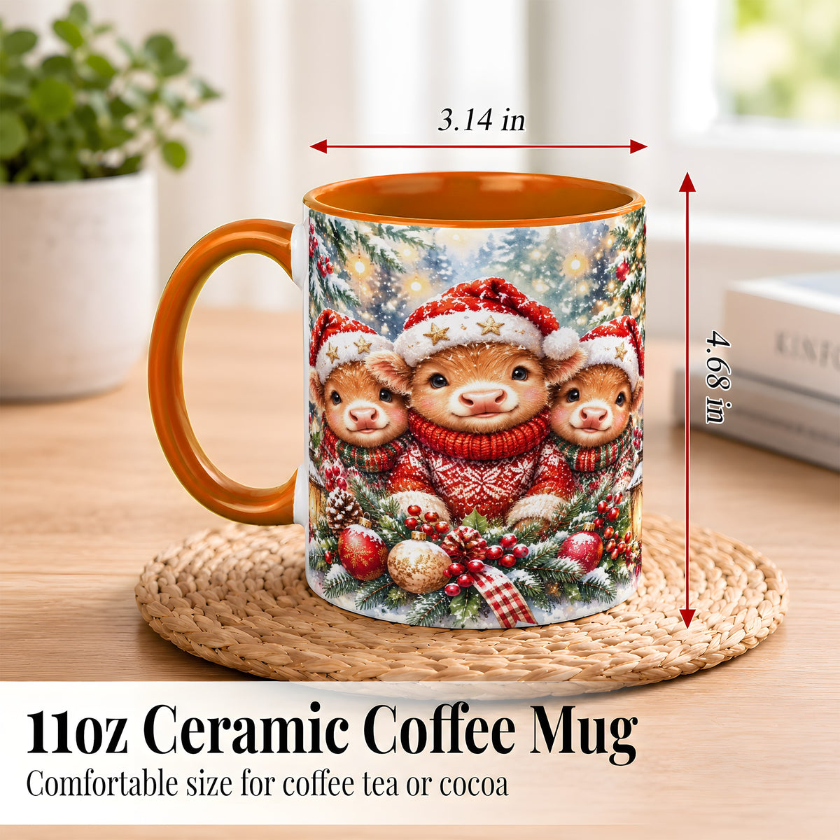 #pl[11oz|Orange] Christmas Cow Trio Coffee Mug, Festive Calf Mug, Ceramic Cup