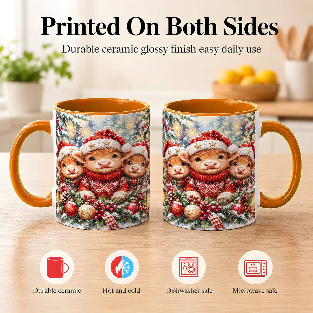 #pl[11oz|Orange] Christmas Cow Trio Coffee Mug, Festive Calf Mug, Ceramic Cup