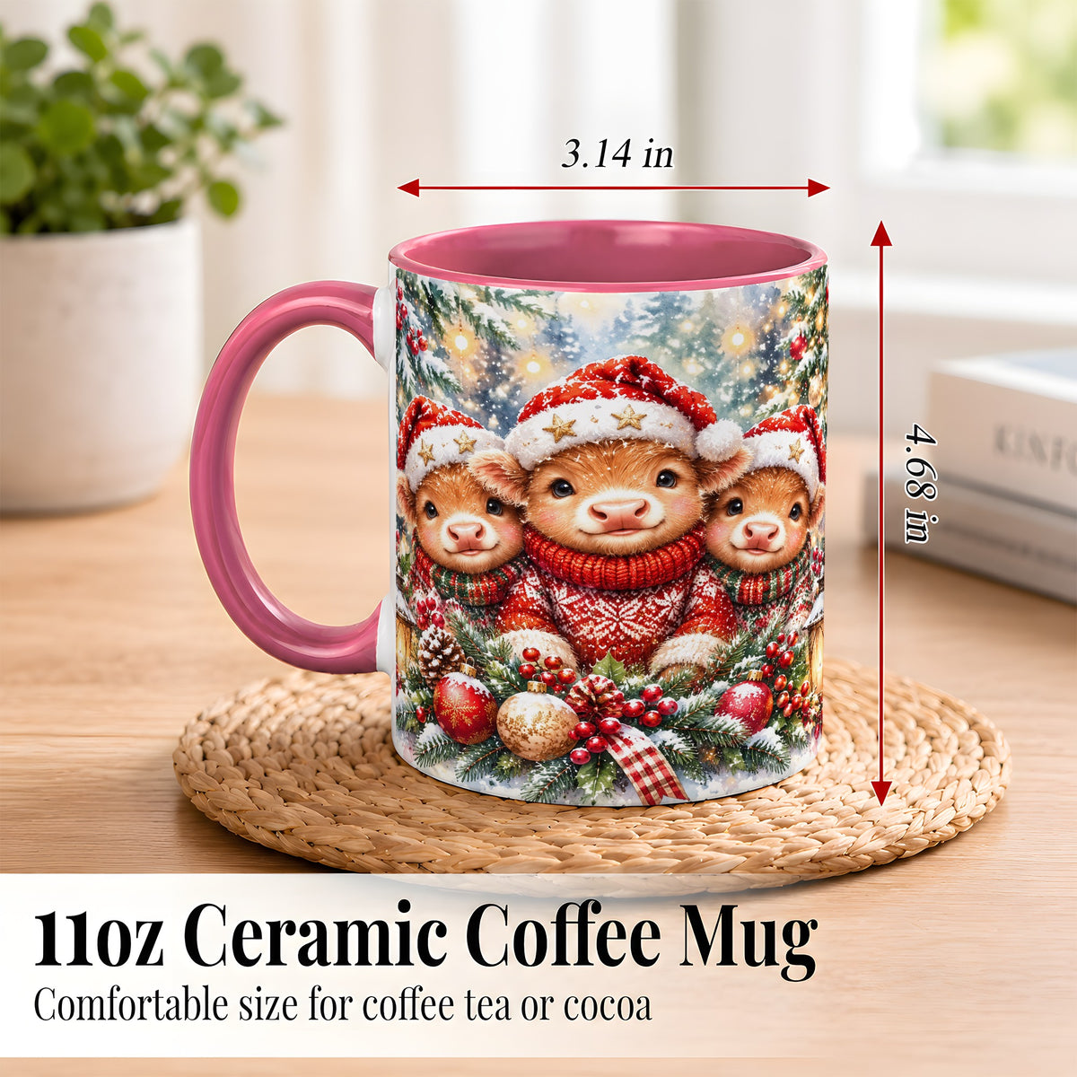 #pl[11oz|Pink] Christmas Cow Trio Coffee Mug, Festive Calf Mug, Ceramic Cup