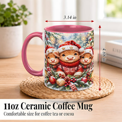 #pl[11oz|Pink] Christmas Cow Trio Coffee Mug, Festive Calf Mug, Ceramic Cup