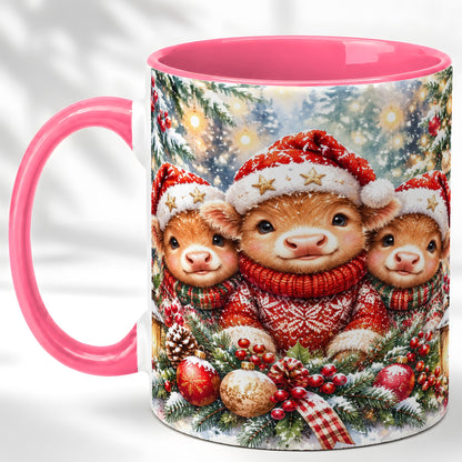 #pl[11oz|Pink] Christmas Cow Trio Coffee Mug, Festive Calf Mug, Ceramic Cup