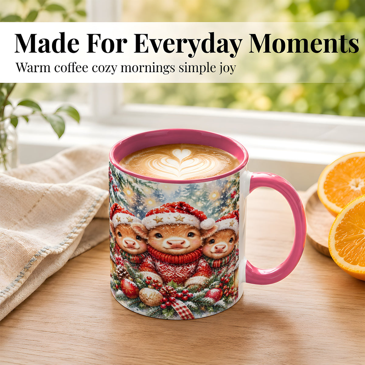 #pl[11oz|Pink] Christmas Cow Trio Coffee Mug, Festive Calf Mug, Ceramic Cup