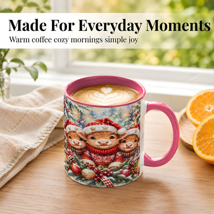 #pl[11oz|Pink] Christmas Cow Trio Coffee Mug, Festive Calf Mug, Ceramic Cup