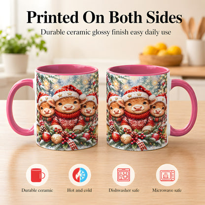 #pl[11oz|Pink] Christmas Cow Trio Coffee Mug, Festive Calf Mug, Ceramic Cup