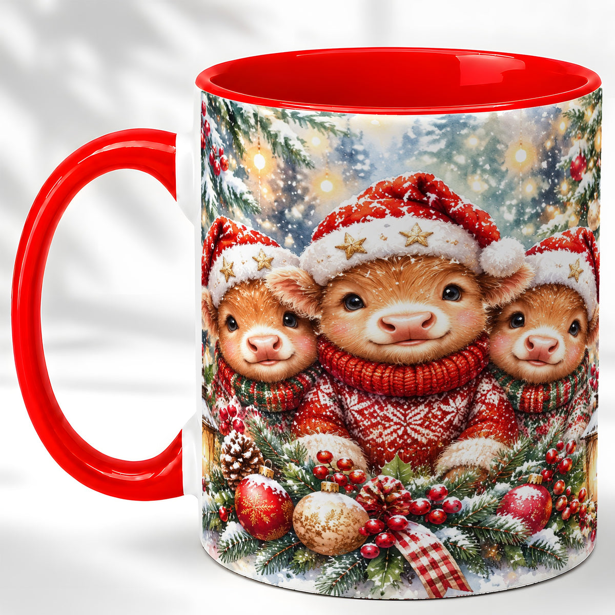 #pl[11oz|Red] Christmas Cow Trio Coffee Mug, Festive Calf Mug, Ceramic Cup