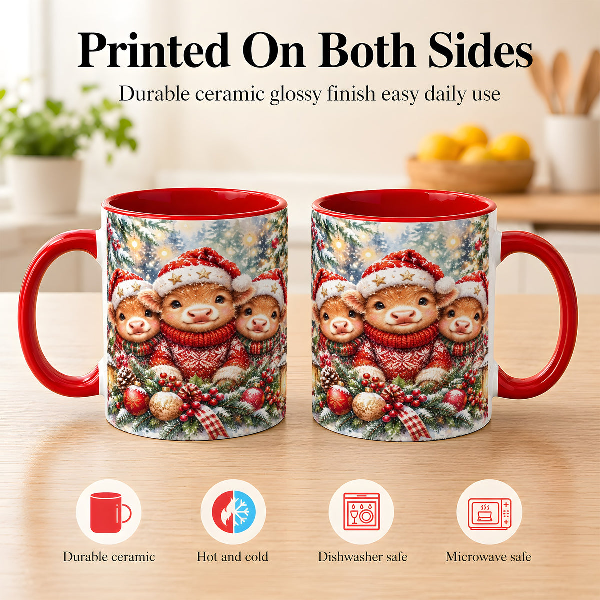 #pl[11oz|Red] Christmas Cow Trio Coffee Mug, Festive Calf Mug, Ceramic Cup