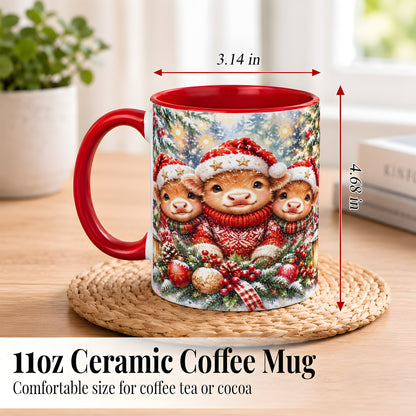 #pl[11oz|Red] Christmas Cow Trio Coffee Mug, Festive Calf Mug, Ceramic Cup