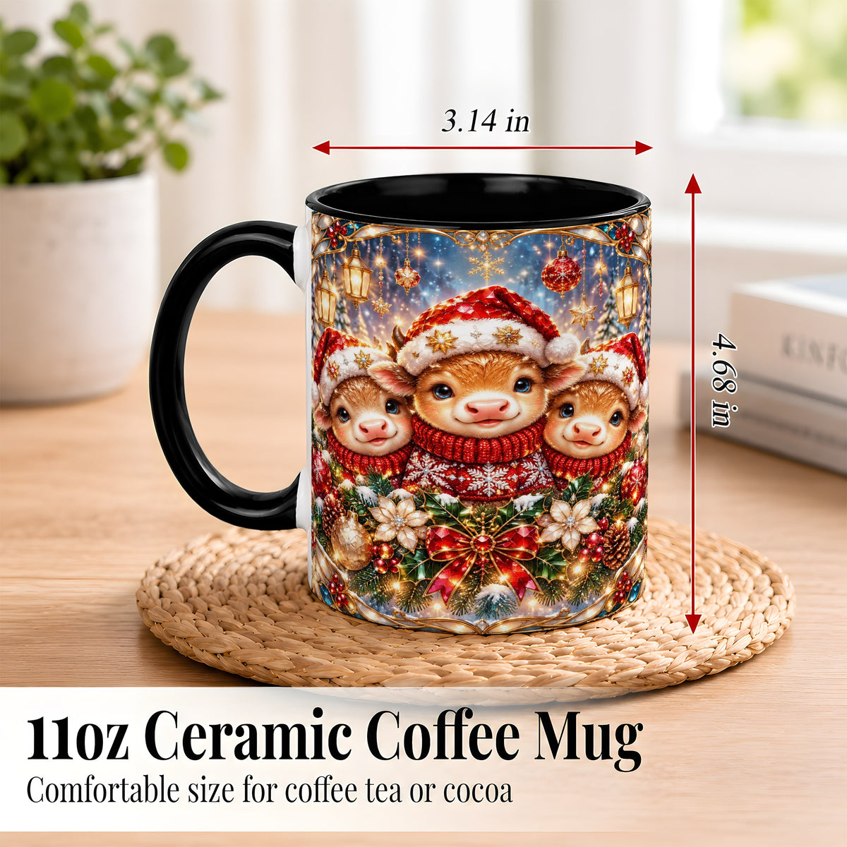 #pl[11oz|Black] Christmas Cow Trio Coffee Mug, Stained Glass Style Mug, Ceramic Cup