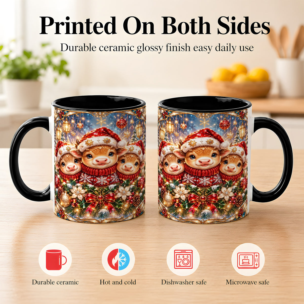 #pl[11oz|Black] Christmas Cow Trio Coffee Mug, Stained Glass Style Mug, Ceramic Cup