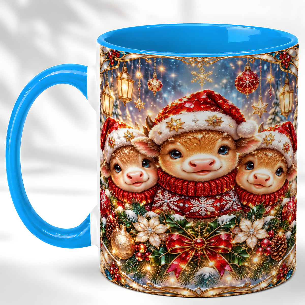 #pl[11oz|Blue] Christmas Cow Trio Coffee Mug, Stained Glass Style Mug, Ceramic Cup