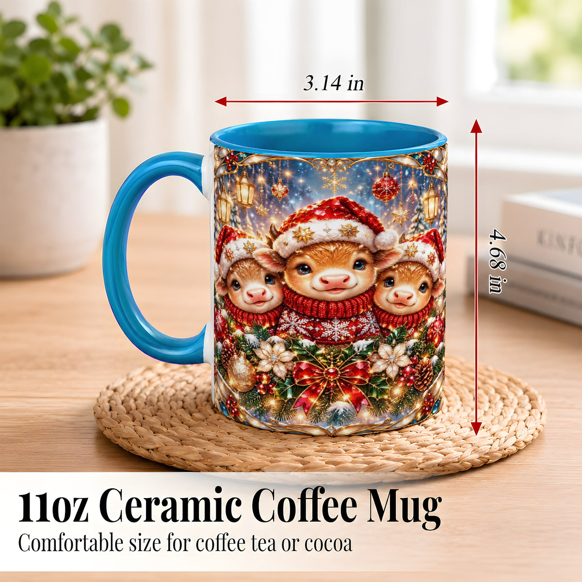 #pl[11oz|Blue] Christmas Cow Trio Coffee Mug, Stained Glass Style Mug, Ceramic Cup