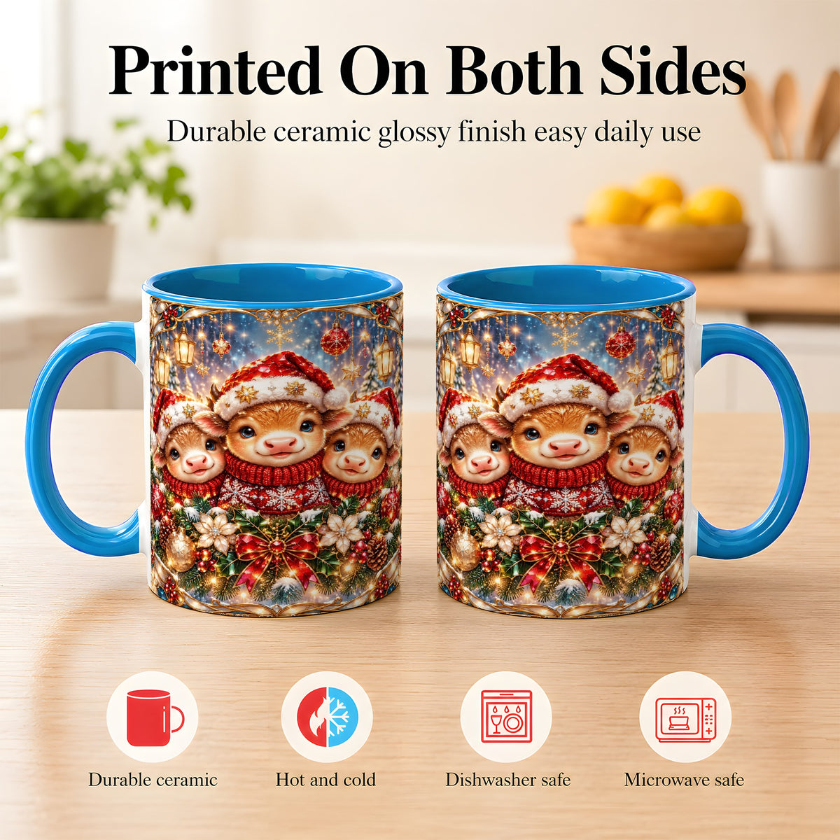 #pl[11oz|Blue] Christmas Cow Trio Coffee Mug, Stained Glass Style Mug, Ceramic Cup