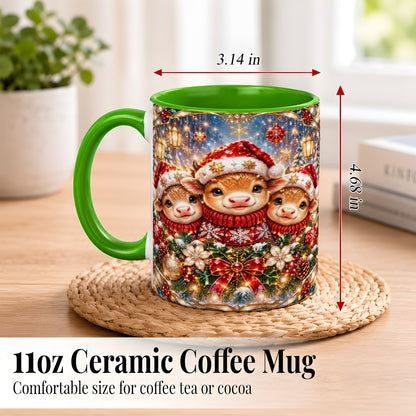 #pl[11oz|Green] Christmas Cow Trio Coffee Mug, Stained Glass Style Mug, Ceramic Cup