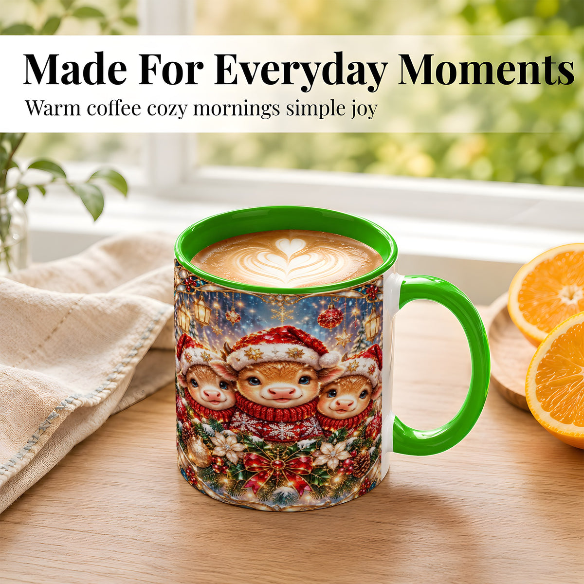 #pl[11oz|Green] Christmas Cow Trio Coffee Mug, Stained Glass Style Mug, Ceramic Cup