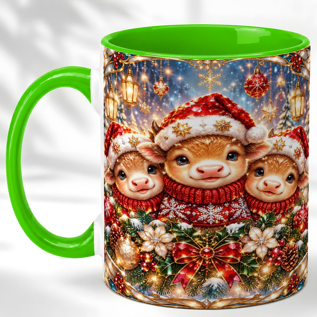 #pl[11oz|Green] Christmas Cow Trio Coffee Mug, Stained Glass Style Mug, Ceramic Cup