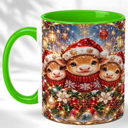 #pl[11oz|Green] Christmas Cow Trio Coffee Mug, Stained Glass Style Mug, Ceramic Cup