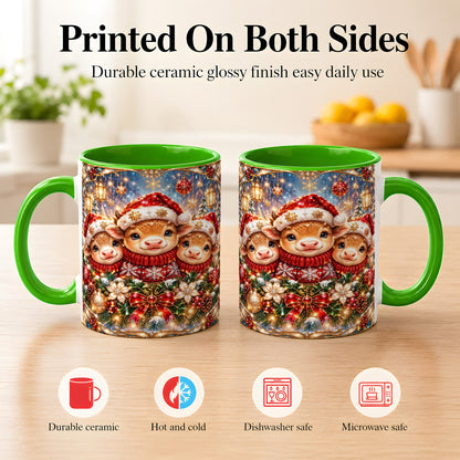 #pl[11oz|Green] Christmas Cow Trio Coffee Mug, Stained Glass Style Mug, Ceramic Cup