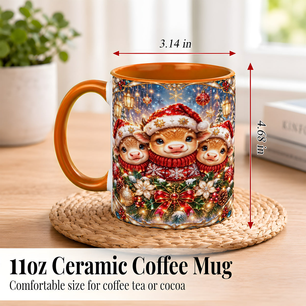 #pl[11oz|Orange] Christmas Cow Trio Coffee Mug, Stained Glass Style Mug, Ceramic Cup