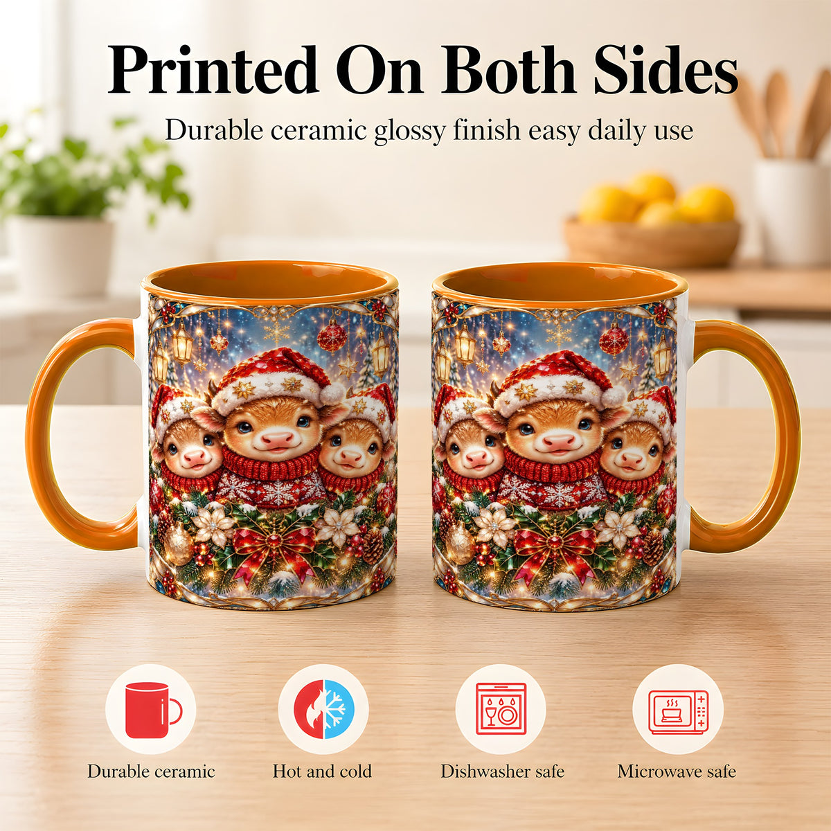 #pl[11oz|Orange] Christmas Cow Trio Coffee Mug, Stained Glass Style Mug, Ceramic Cup