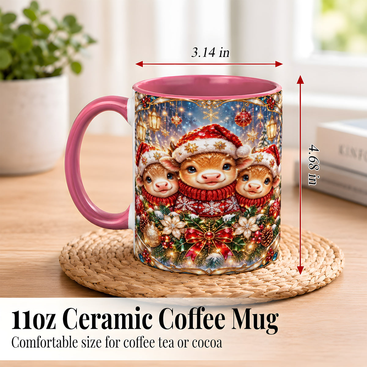 #pl[11oz|Pink] Christmas Cow Trio Coffee Mug, Stained Glass Style Mug, Ceramic Cup