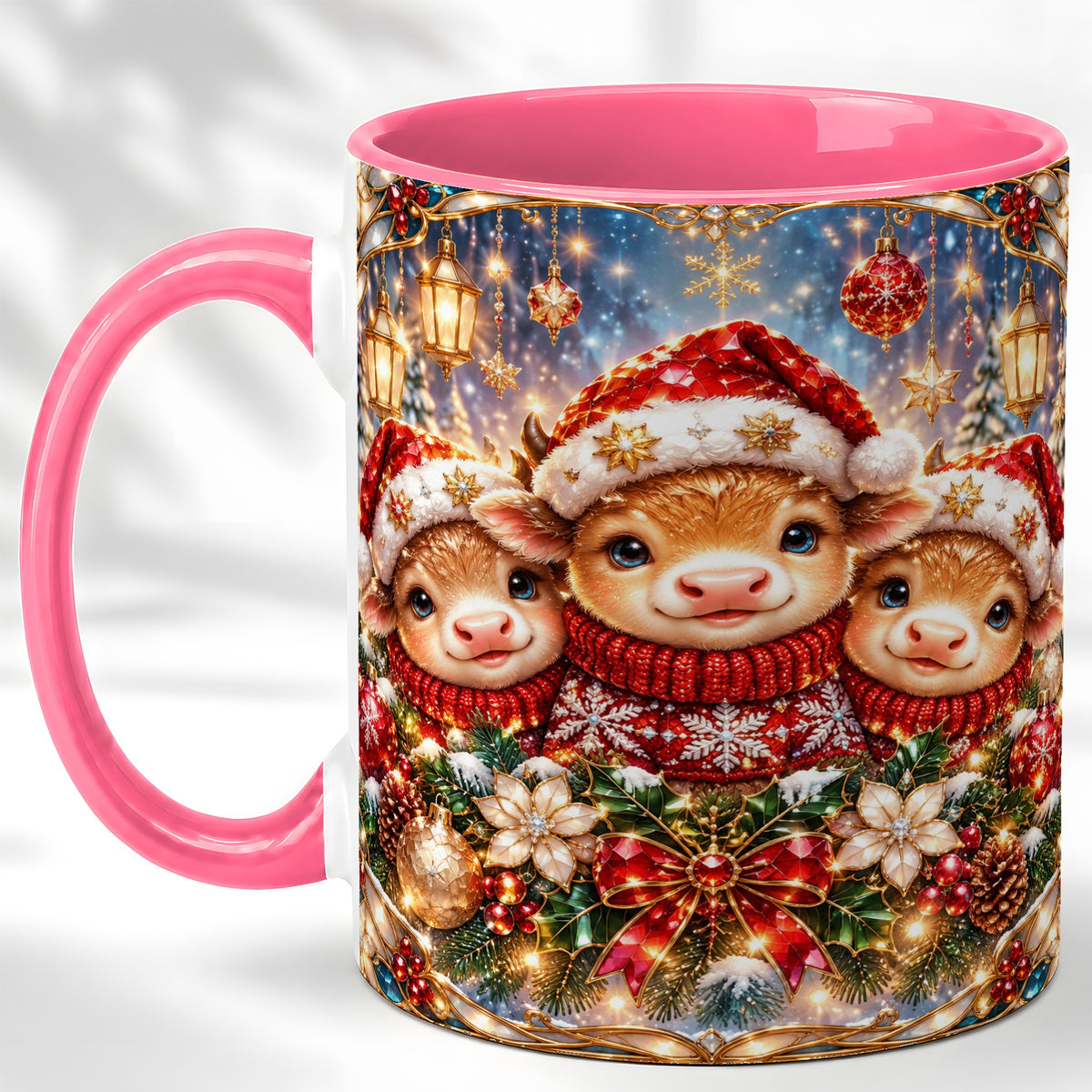#pl[11oz|Pink] Christmas Cow Trio Coffee Mug, Stained Glass Style Mug, Ceramic Cup