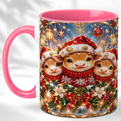 #pl[11oz|Pink] Christmas Cow Trio Coffee Mug, Stained Glass Style Mug, Ceramic Cup