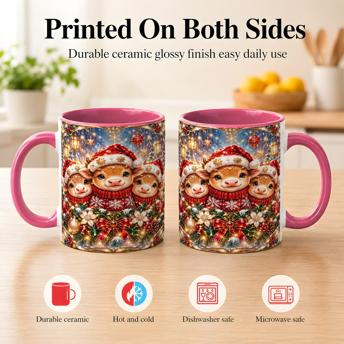 #pl[11oz|Pink] Christmas Cow Trio Coffee Mug, Stained Glass Style Mug, Ceramic Cup