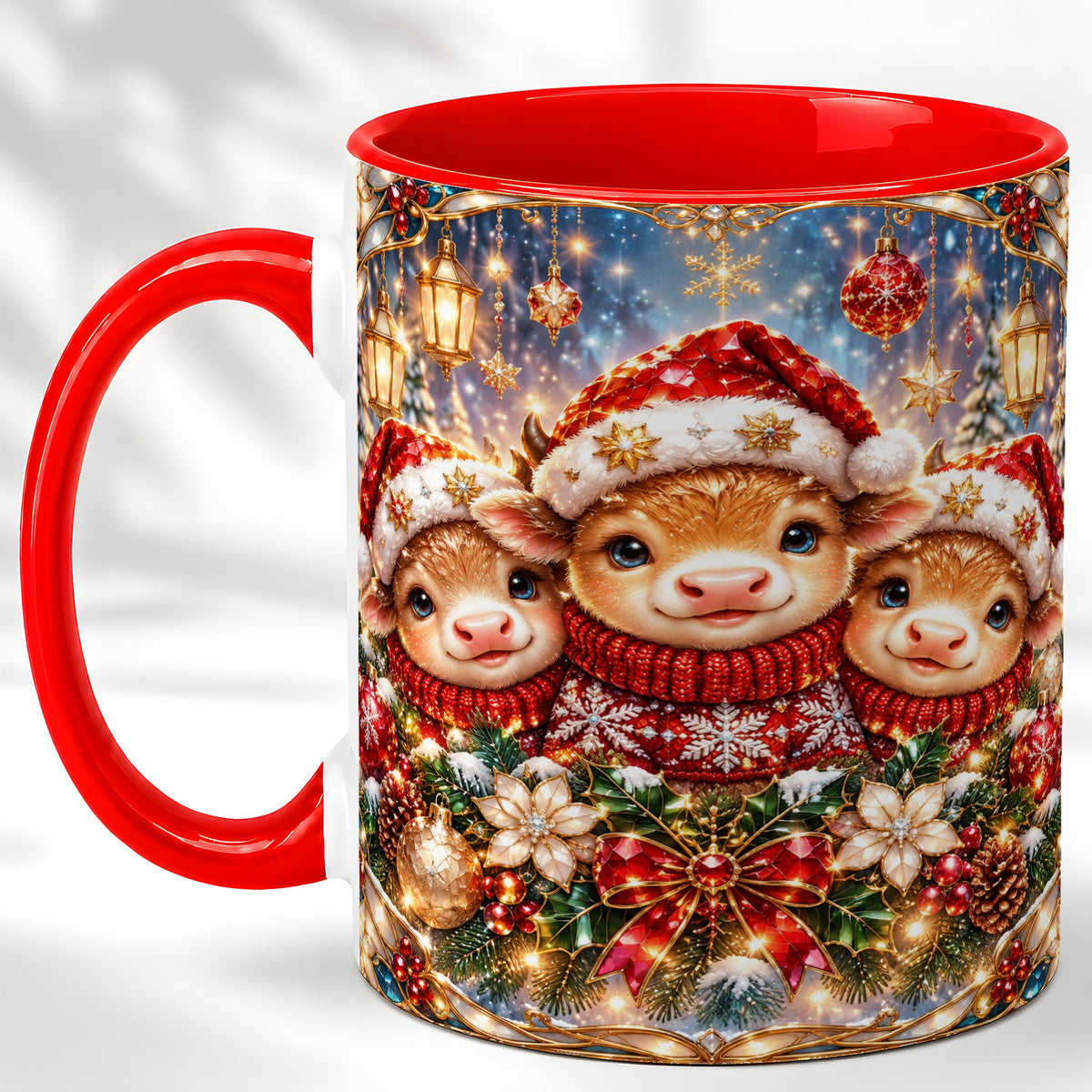 #pl[11oz|Red] Christmas Cow Trio Coffee Mug, Stained Glass Style Mug, Ceramic Cup