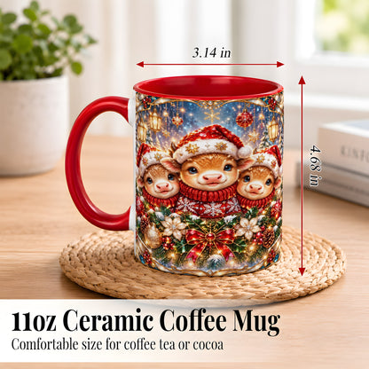 #pl[11oz|Red] Christmas Cow Trio Coffee Mug, Stained Glass Style Mug, Ceramic Cup