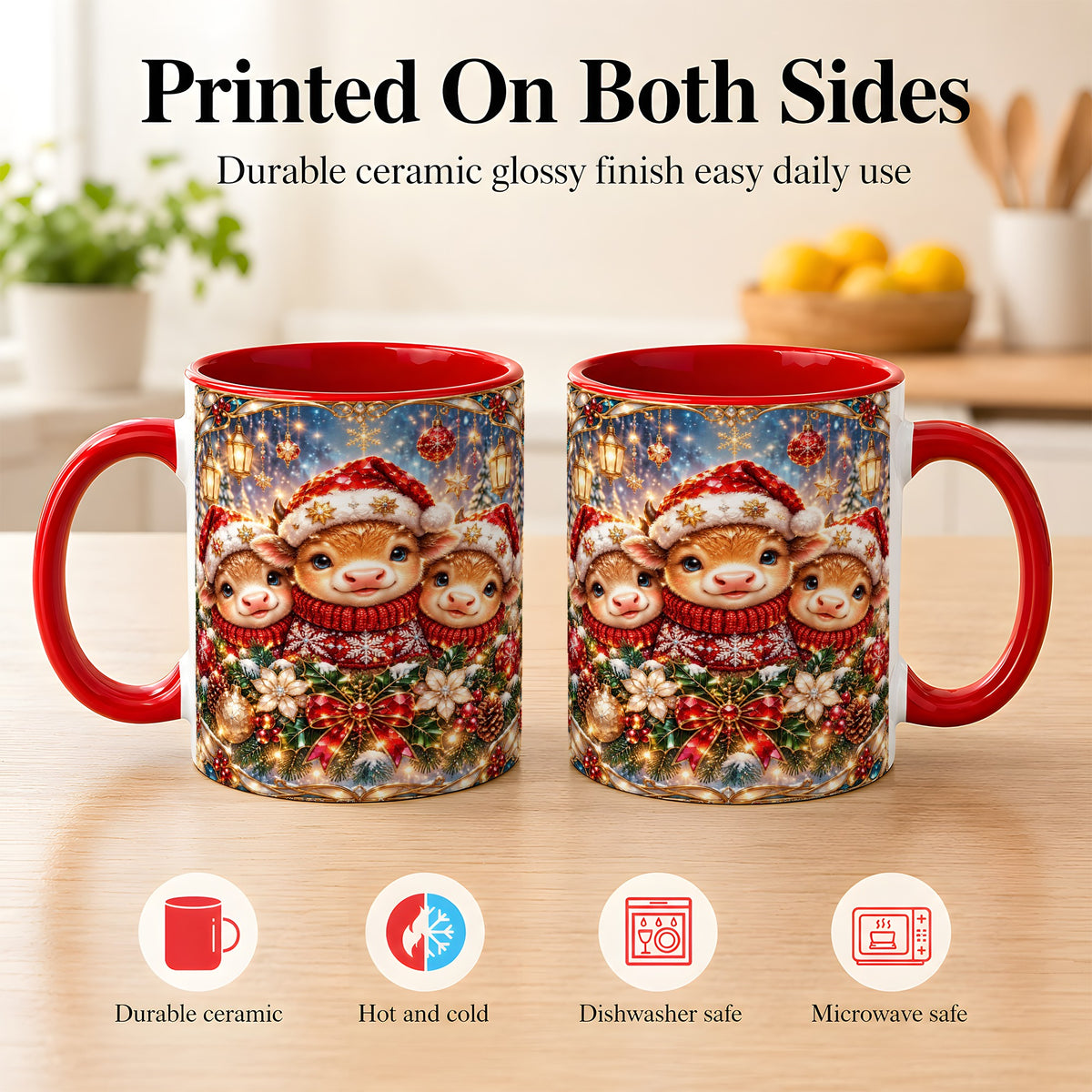 #pl[11oz|Red] Christmas Cow Trio Coffee Mug, Stained Glass Style Mug, Ceramic Cup