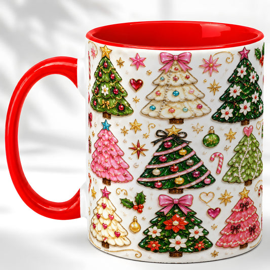 #pl[11oz|Red] Festive Christmas Tree Coffee Mug, Ornament Tree Mug, Ceramic Cup