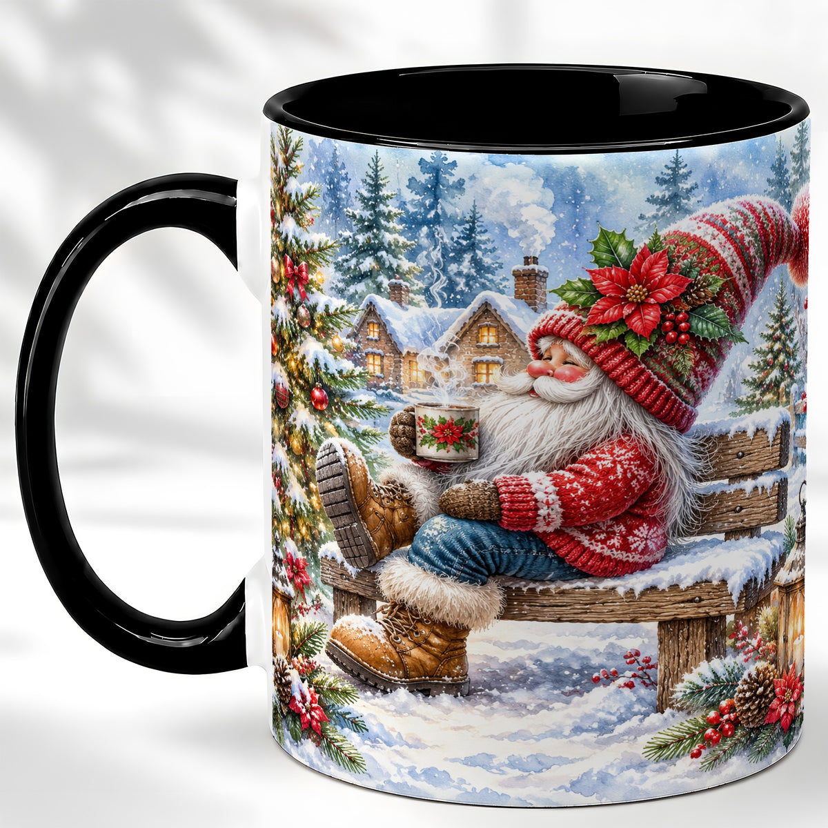 #pl[11oz|Black] Watercolor Santa Coffee Mug, Snowy Holiday Mug, Ceramic Cup