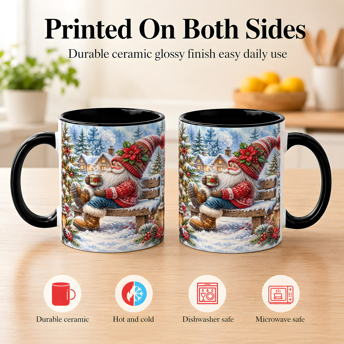 #pl[11oz|Black] Watercolor Santa Coffee Mug, Snowy Holiday Mug, Ceramic Cup