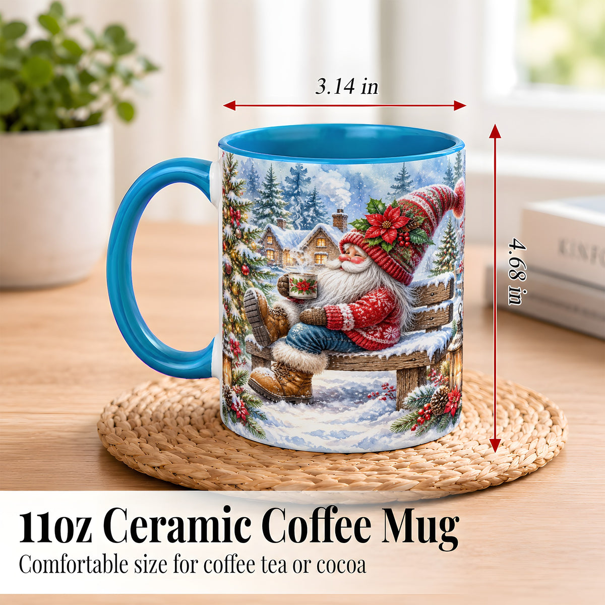 #pl[11oz|Blue] Watercolor Santa Coffee Mug, Snowy Holiday Mug, Ceramic Cup
